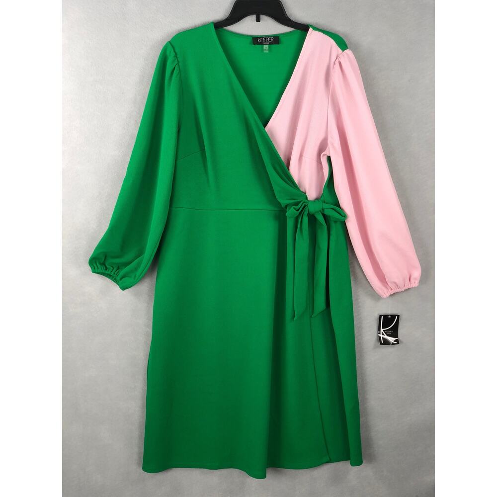 Kasper Green and Pink Wrap-Style Long Sleeve Dress